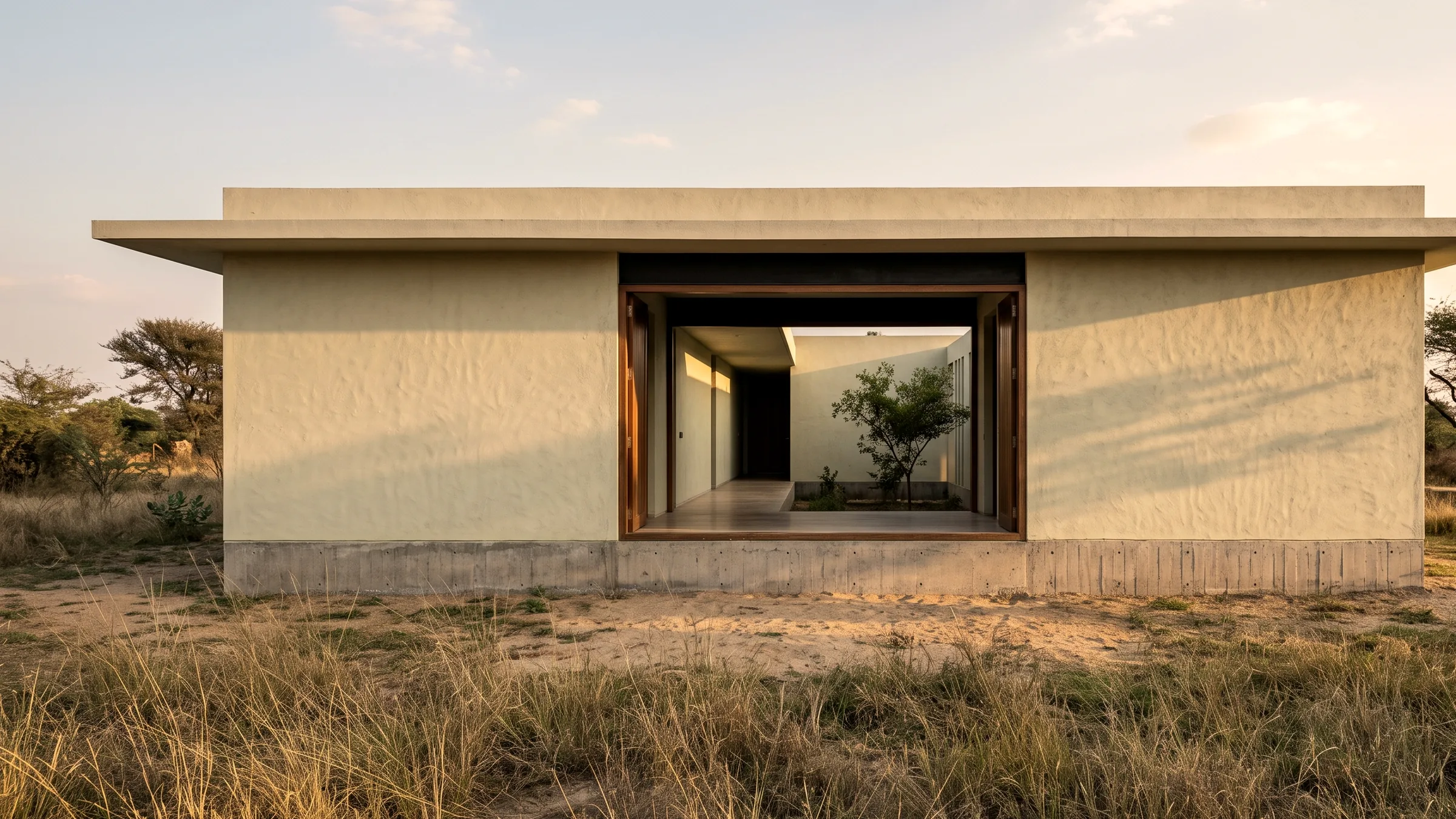 Sunlit concrete architecture opening onto a quiet green courtyard