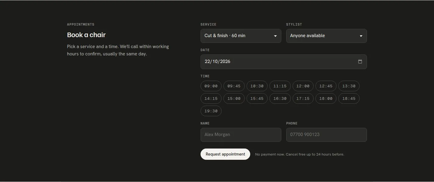 Halden booking request form with time slots
