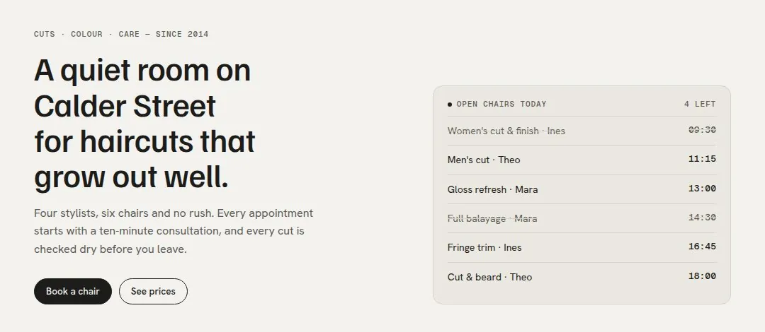 Halden Hair Studio website: headline beside a list of open chairs today