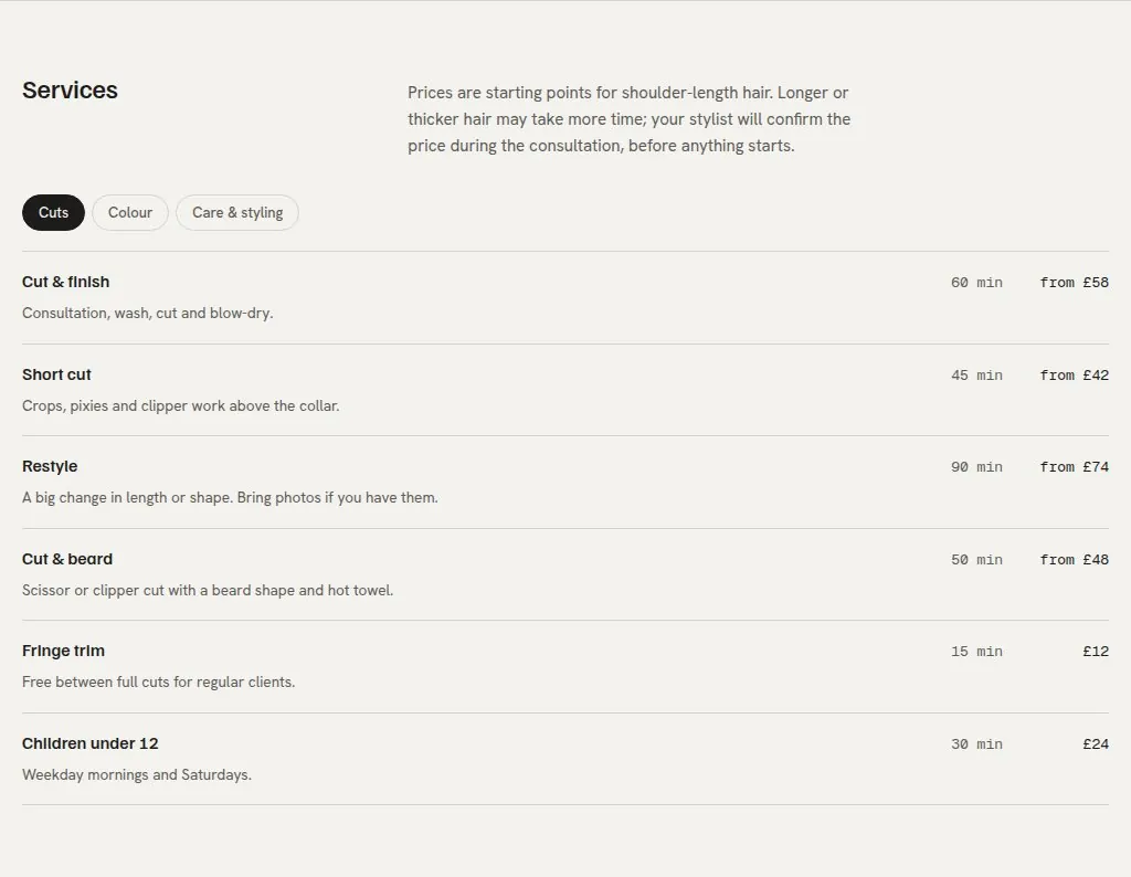 Halden services price list with tabs