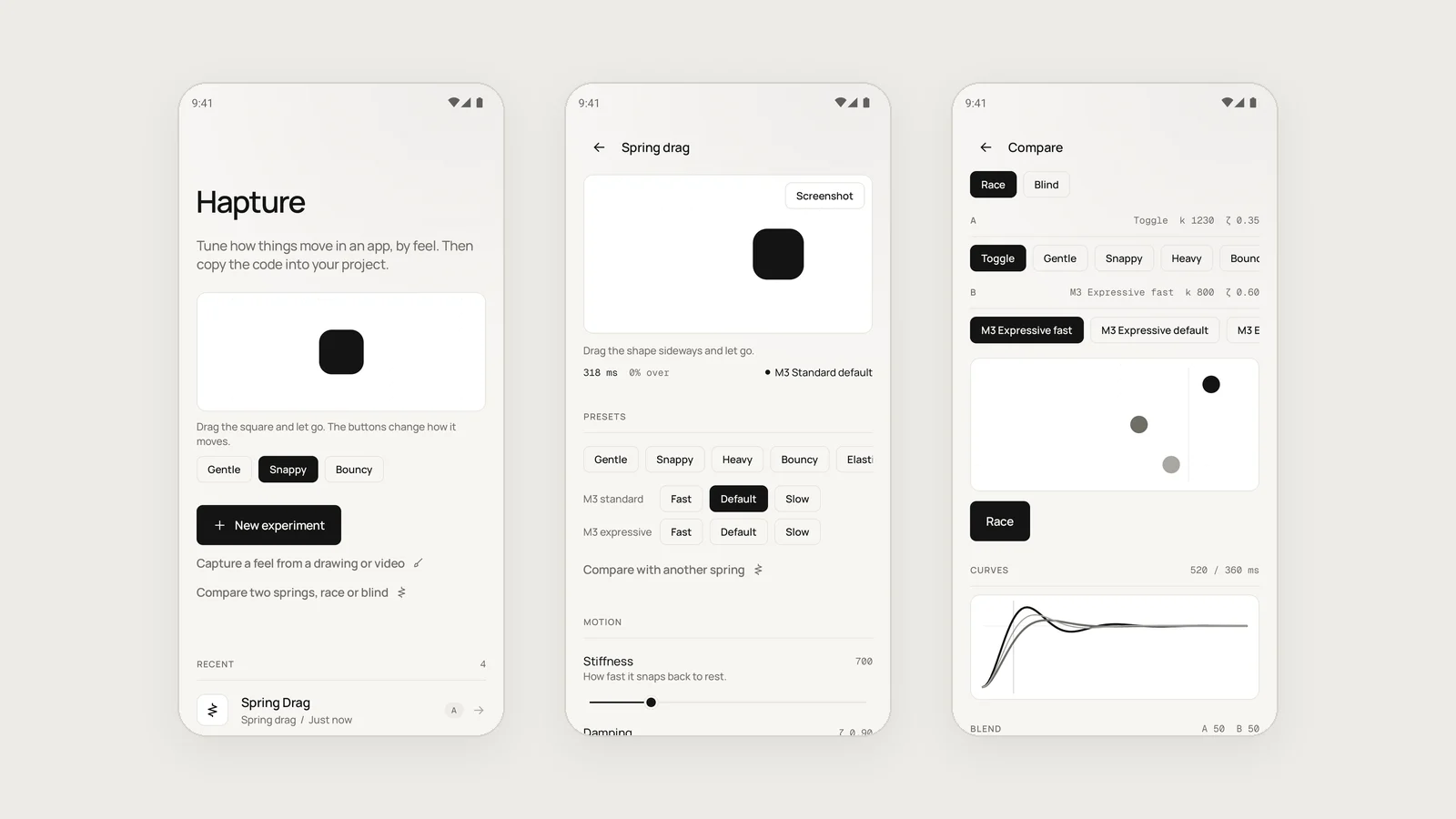 Three Hapture screens: home, spring drag editor and spring comparison