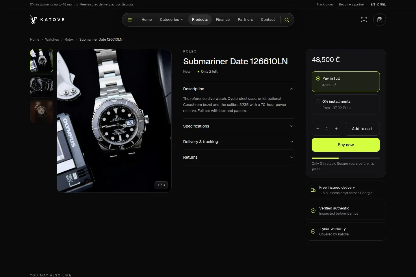 Katove product page for a Rolex Submariner with purchase options