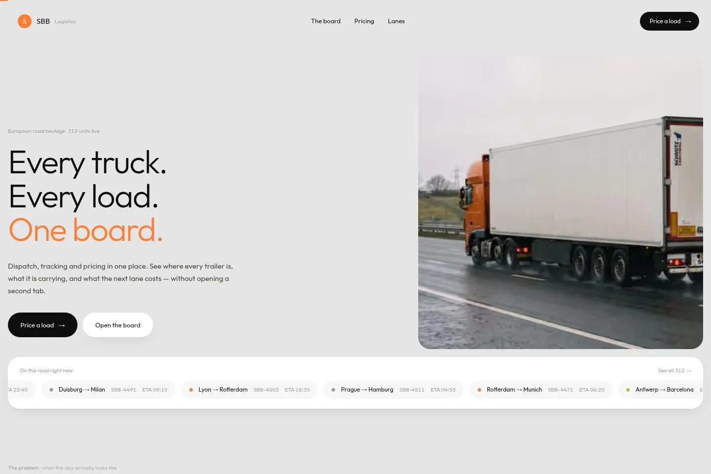 SBB Logistics website: “Every truck. Every load. One board.” beside a lorry on a wet motorway